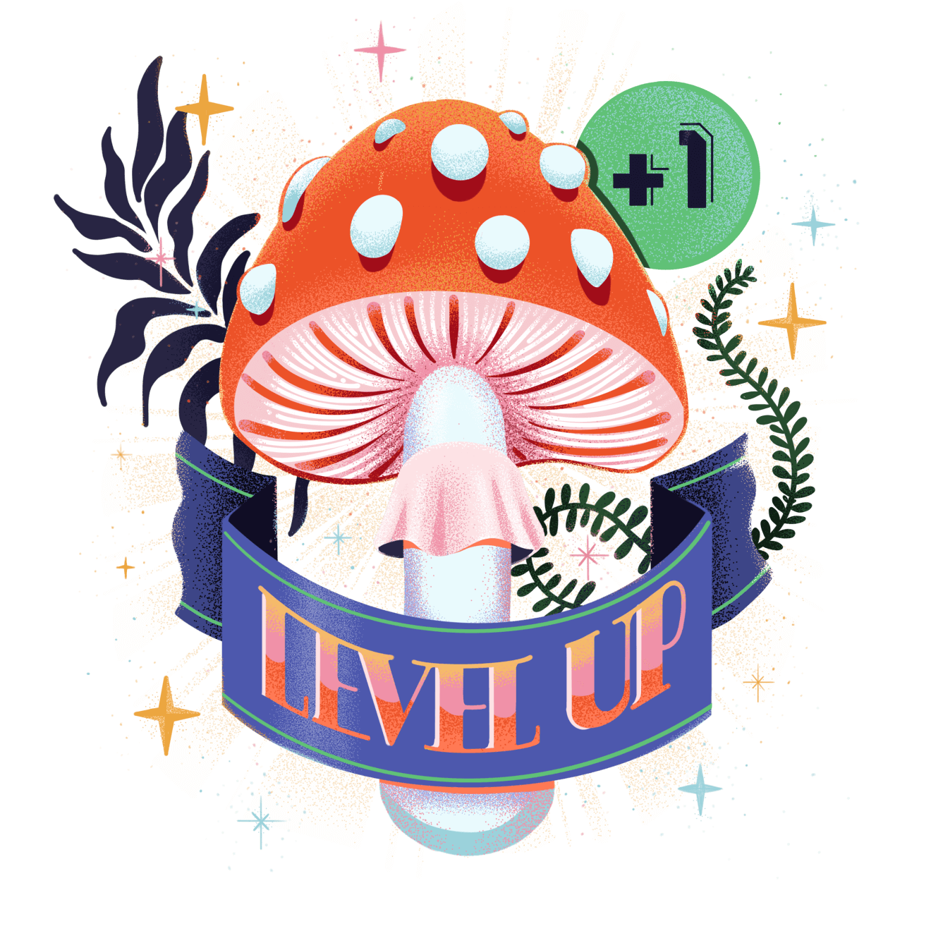 illustration of amanita muscoria mushroom with a level up label and little floating stars around it